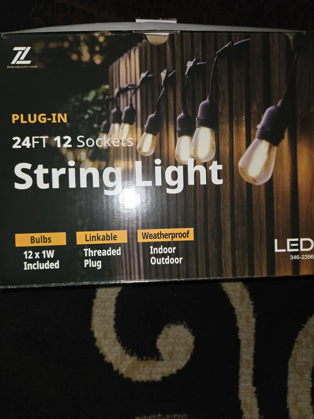 Plug-In String Light 24FT 12 Sockets - Black Cord with Warm Bulbs